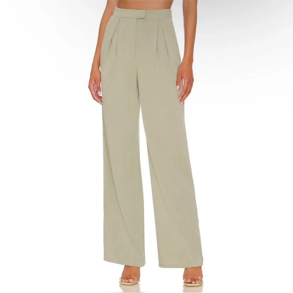 House of Harlow 1969 Textured Pleated Straight Leg Trouser Pants Sz 8 Sage Green